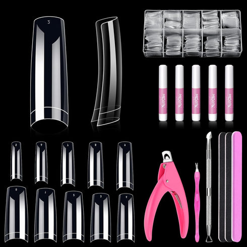 MORGLES Clear Acrylic Nail Tips - 500 Pcs French Nail Tips Square Half Cover with Glue, Clipper, and Files