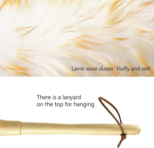 Lambs Wool Duster for Cleaning, 16'' Natural Feather Duster with Solid Wooden Handle for Window Blinds, Furniture