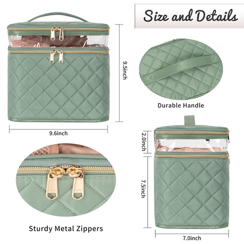 OCHEAL Large Double Layer Makeup Bag, Vertical Storage Cosmetic Case for Women/Girls with Multiple Compartments-Green