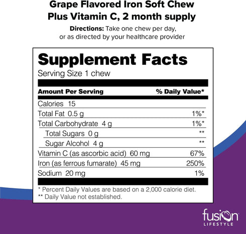 Iron Supplement for Women and Men, Grape Flavored Soft Chew with Vitamin C, 60 Count, 2 Month Supply