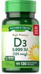Nature's Truth Vitamin D3, 5000 IU Softgels, 130 Count, High Potency, Non-GMO & Gluten Free