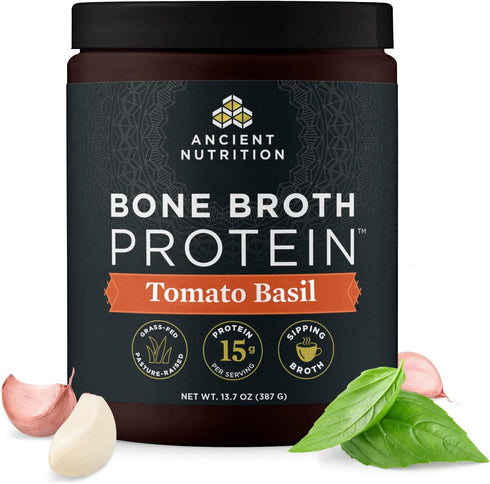 Ancient Nutrition Bone Broth Protein Powder, Tomato Basil, Grass-Fed Chicken and Beef, 15g Protein, 15 Servings