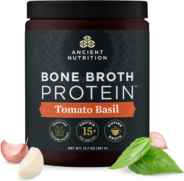 Ancient Nutrition Bone Broth Protein Powder, Tomato Basil, Grass-Fed Chicken and Beef, 15g Protein, 15 Servings