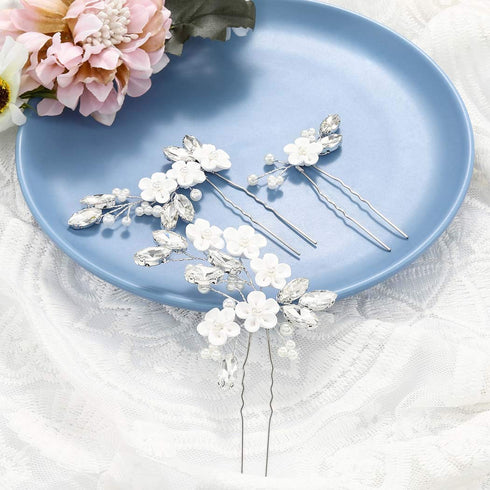 Unicra Silver Crystal Flower Bride Wedding Hair Pins, Bridal Hair Accessories for Women and Girls (Pack of 3)