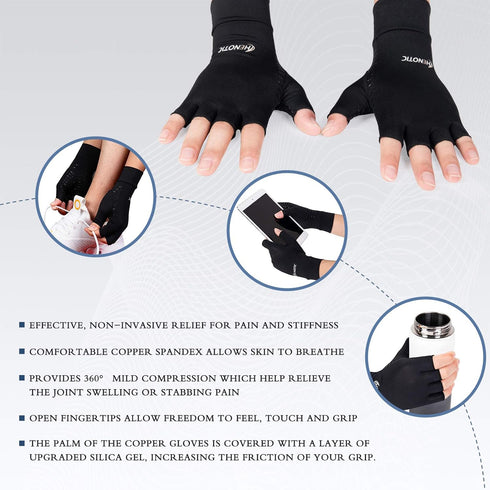 2 Pairs Fingerless Copper Arthritis Gloves for Men Women, Breathable & Moisture Wicking Compression Gloves for