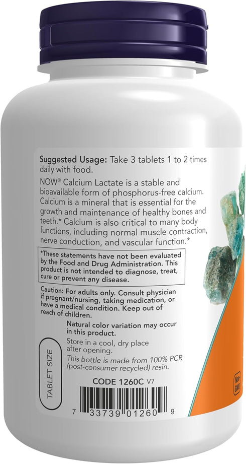 NOW Supplements Calcium Lactate - 250 Tablets Supports Bone Health, Easy to Swallow