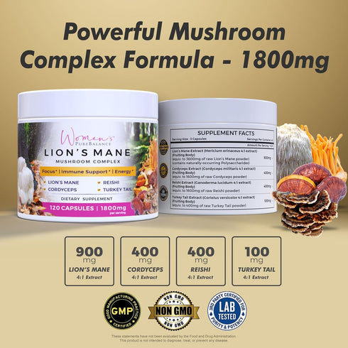 Immune (120 Women's PureBalance Lion's Mane Mushroom Supplement Capsules with Reishi, Cordyceps, Turkey Tail Brain
