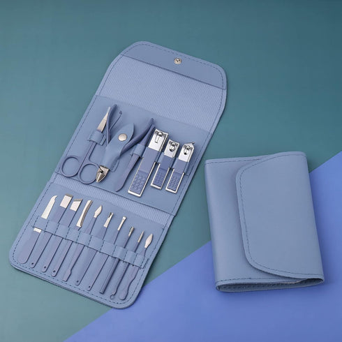 Manicure Set, Nail Clippers, Pedicure Kit, 16 In 1 Professional Grooming Kit Stainless Steel, Nail Toenail Scissors Tools with Luxurious Leather Travel Case Gifts For Men Women Blue Upgraded Version