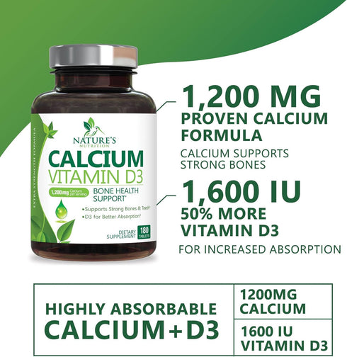 Calcium 1200 mg Plus Vitamin D3, 180 Tablets, Bone Health & Immune Support, Extra Strength