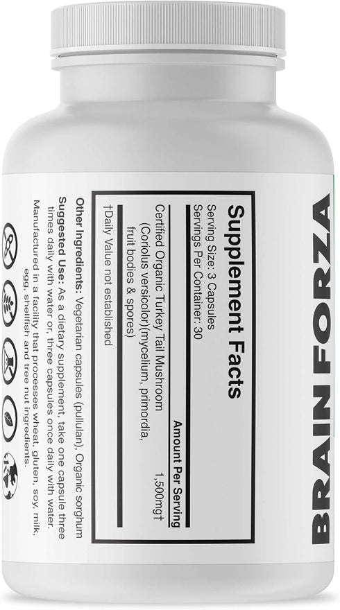 Brain Forza Organic Turkey Tail Mushroom Capsules, 90 Capsules, Immune Support