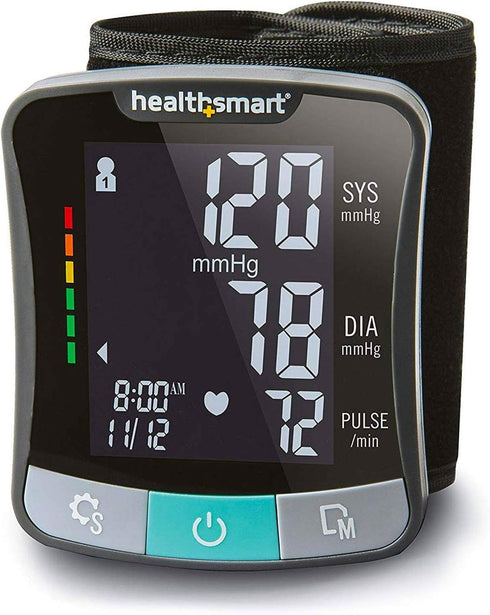 HealthSmart Digital Premium Wrist Blood Pressure Monitor, Cuff Measures Pulse Heartbeat, High or Low BP, 120 Reading
