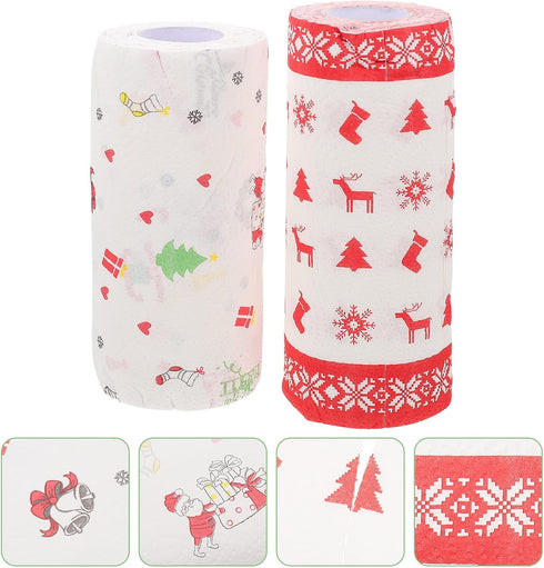 DOITOOL Disposable Cleaning Paper Towels, 2 Rolls Christmas Elk Snowflake Kitchen Wiping Rag for Holiday Supplies