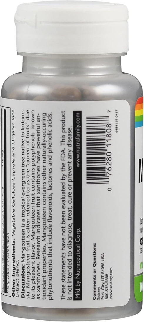 SOLARAY Mangosteen Fruit 475mg | Whole Herb | Antioxidant & Immune Support Supplement | 100ct w/Phytonutrients,