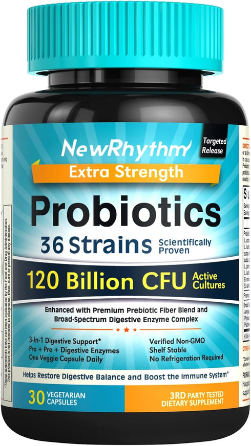 NewRhythm Probiotics 120 Billion CFU, 3-in-1 Digestive Health Supplement with Prebiotics & Enzymes, 30ct