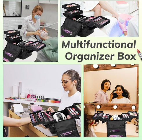 Travel Makeup Bag, Large Cosmetic Organizer with 4 Trays & Adjustable Dividers, Waterproof Makeup Train Case for Women,