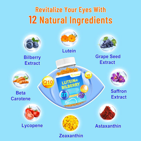 20mg Lutein & Zeaxanthin Gummies with Bilberry, Astaxanthin, Omega 3, Vitamin C, E - Sugar Free Eye Health Supplement for Adults & Kids - Dry Eye Relief, Vision Clarity, Macular Support