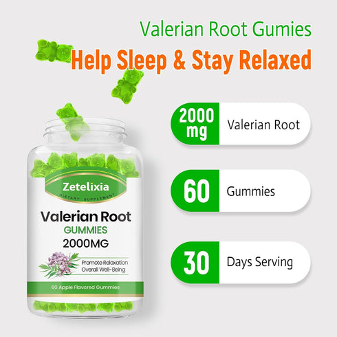 Organic Valerian Root Gummies, 2000mg Herbal Supplement for Relaxation & Mood Support, Sleep Gummies Without Melatonin,