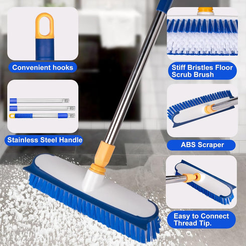 ITTAHO Floor Scrub Brush, 2 in 1 Deck Cleaning Brush with Long Handle for Tile, Deck, Patio, Garage, Bathroom