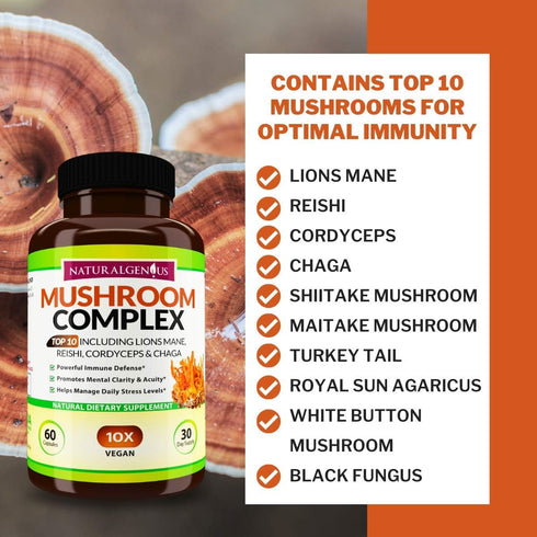 Natural Genius Top 10 Mushroom Extracts - Immune Booster with White Button, Lions Mane, Cordyceps, Chaga, Reishi Plus