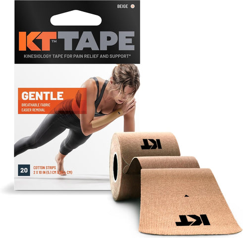 KT Tape Kinesiology Athletic Tape, 20 Count, 10" Precut Strips, Gentle Adhesive for Sensitive Skin, Beige
