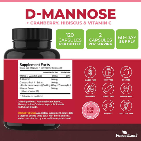 ForestLeaf D Mannose 1000mg Capsules - D-Mannose with Cranberry, Hibiscus & VIT C for Urinary Tract Health