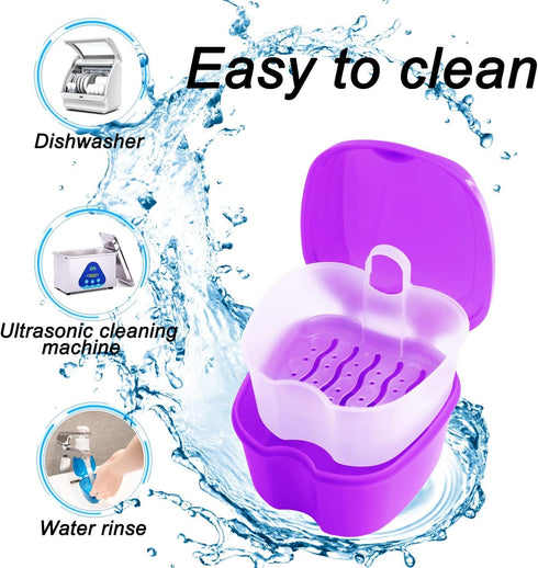 2 Pack Denture Case - Dental Mouthguard Case with Cleaning Brush, Strainer Basket, and Lid Waterproof