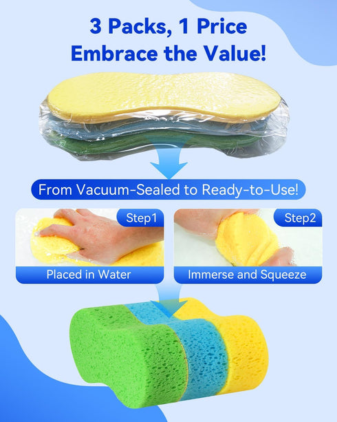 Large Car Wash Sponge Kit, 2.4in Thick Foam Scrubber, Easy Grip Sponges for Kitchen, Bathroom, Household Cleaning, 3pcs