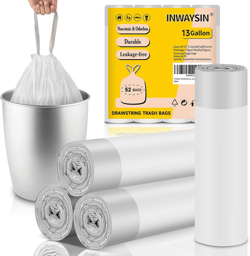 13 Gallon Tall Kitchen Garbage Bags, Drawstring Trash Bag, White, 52 Count, Large Recycling Compactor Plastic Bulk