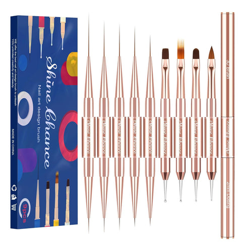 9Pcs Nail Art Brushes Set - Professional Double-Ended Acrylic Liner Detail Brushes for DIY Home Salon