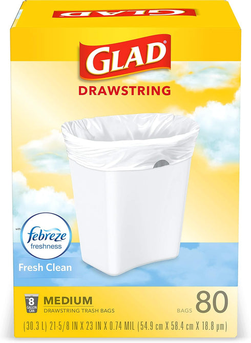 Glad 8 Gallon Medium Kitchen Drawstring Trash Bags, 80 Count White Mini Trash Bags, Fresh Clean Scent