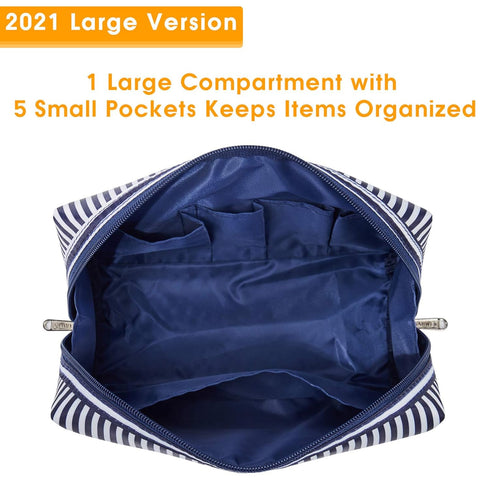 Narwey Cute Makeup Bag, Travel Cosmetic Organizer with Compartments for Women and Girls (Large, Blue Stripe)