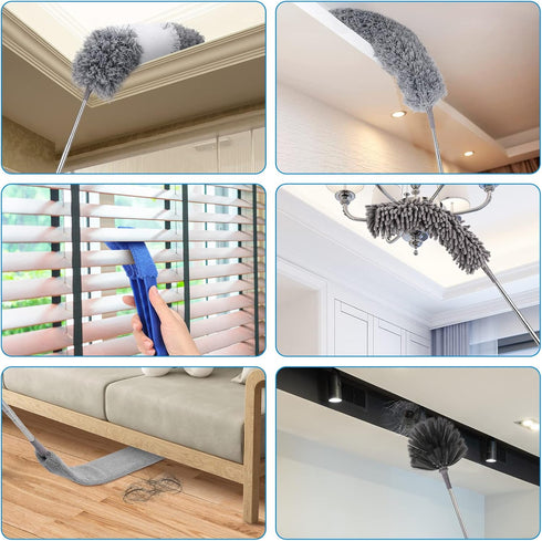 Microfiber Extendable Feather Duster (11pcs) with 100" Extension Pole, Washable & Reusable for Cleaning Ceiling Fans &
