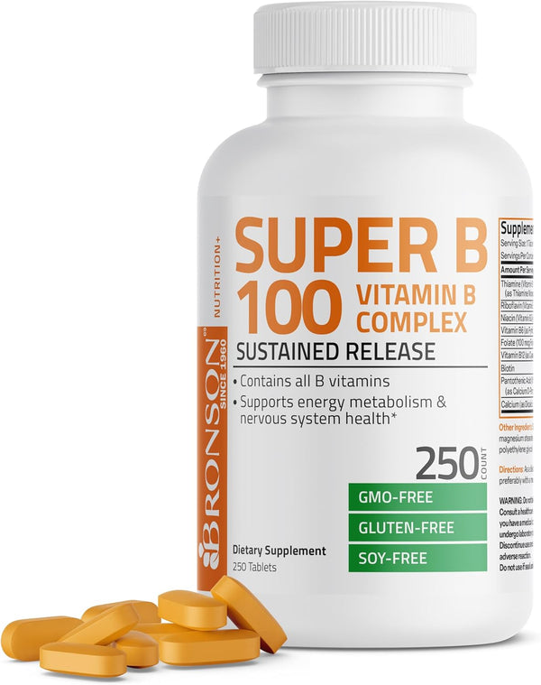 Bronson Super B 100 Vitamin B Complex - Sustained Release, Supports Energy Metabolism & Nervous System, 250 Tablets