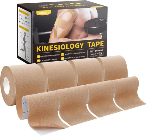 Dimora Uncut Kinesiology Tape, 4 Rolls Pure Cotton Elastic Athletic Tape for Muscle Pain Relief