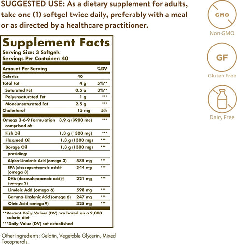 Solgar 1300 mg Omega 3-6-9, 120 Softgels - Fish Oil Supplement - Support for Heart, Joint & Skin Health - Includes Flaxseed & Borage - Contains EPA & DHA - Omega 3 Fatty Acids - 40 Servings