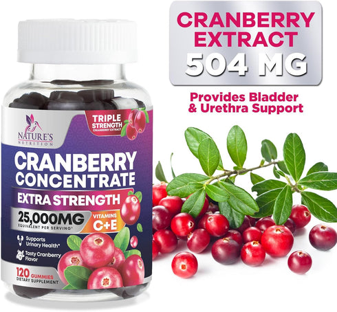 Cranberry Gummies - 120 Gummies - Urinary Tract Health + Vitamin C - 25,000mg Triple Strength