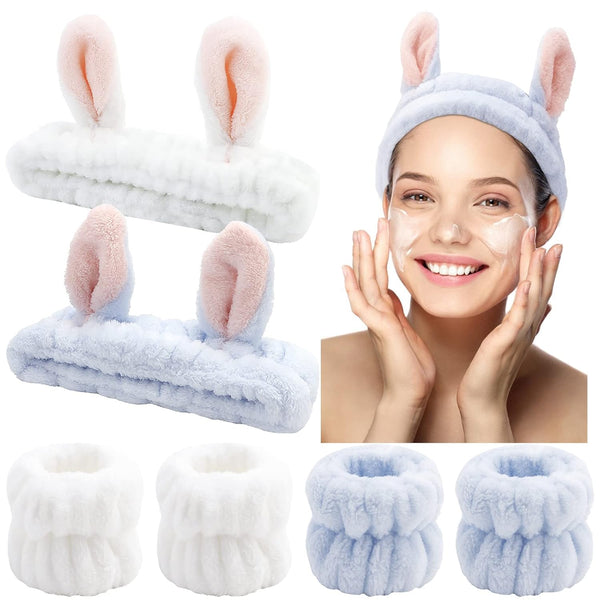 YISSION 6Pcs Face Wash Headbands and Wristbands Set, Bunny Ears Spa Headband for Women Girls Washing Face (Blue White)