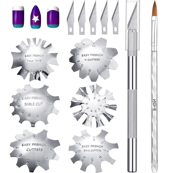 Honoson 6 Pieces French Tip Cutter Tool Nail Trimmer Set with 1 Acrylic Brush, 1 French Tip Knife, 5 Spare Blades