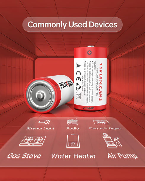 C Batteries 4 Pack, 1.5V LR14 Type C Long-Lasting Alkaline Batteries for Household and Office Devices