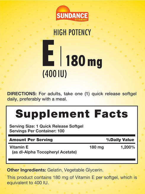Vitamin E 180mg (400 IU) | 100 Quick Release Softgels | High Potency Formula | Non-GMO and Gluten Free Supplement | by Sundance