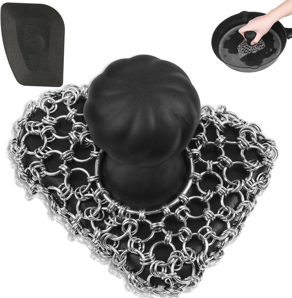 Cast Iron Scrubber with Handle | 316 Cast Iron Cleaner Chainmail Scrubber for Cast Iron Pan Skillet - Cleaning Kit (1
