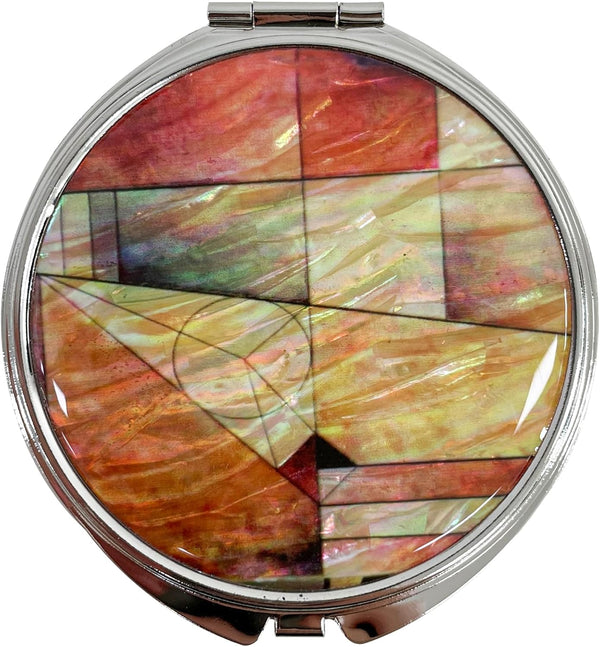 Portable Makeup Compact Double Magnifying Mirror, Foldable Pocket Style, Unique Mother of Pearl Design (Patchwork)