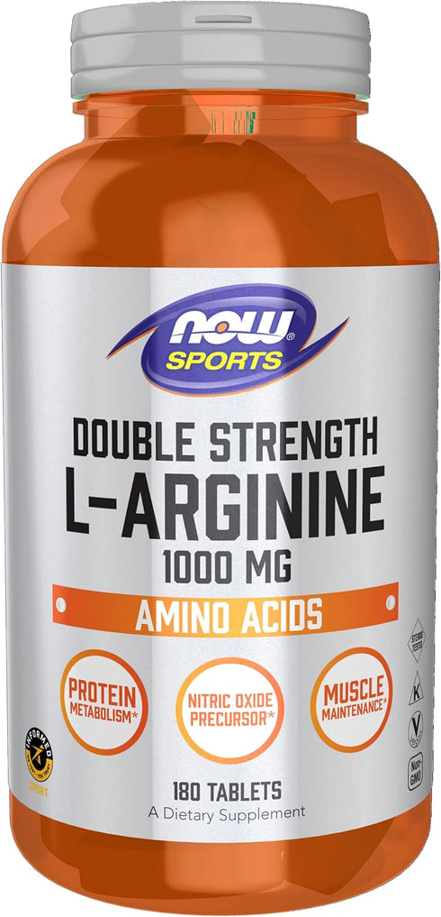 NOW Foods L-Arginine Double Strength 1000mg, Nitric Oxide Precursor, Amino Acids, 180 Tablets