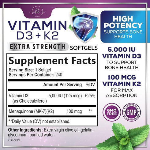 K2 (MK-7) D3 5000IU (125mcg) D3K2 Immune 240 Vitamin D with - Vitamin Per Serving - Complex Supplement for Bone, Teeth