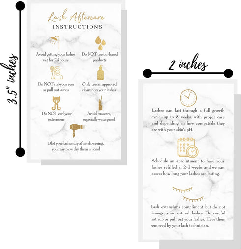 Lash Extension Aftercare Instructions Cards | 50 Pack | Double Sided 3.5 x 2" | Marble Look with Gold Icons Design