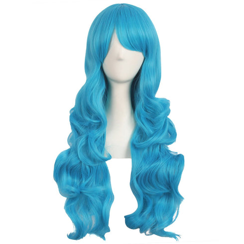 MapofBeauty 28 Inch/70cm Long Curly Full Hair Synthetic Wig with Side Bangs (Cyan Blue)