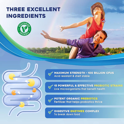 Probiotics for Women & Men, 100 Billion Plus Digestive Enzymes & Prebiotics, Highest Potency 3-in-1 for Digestive Health