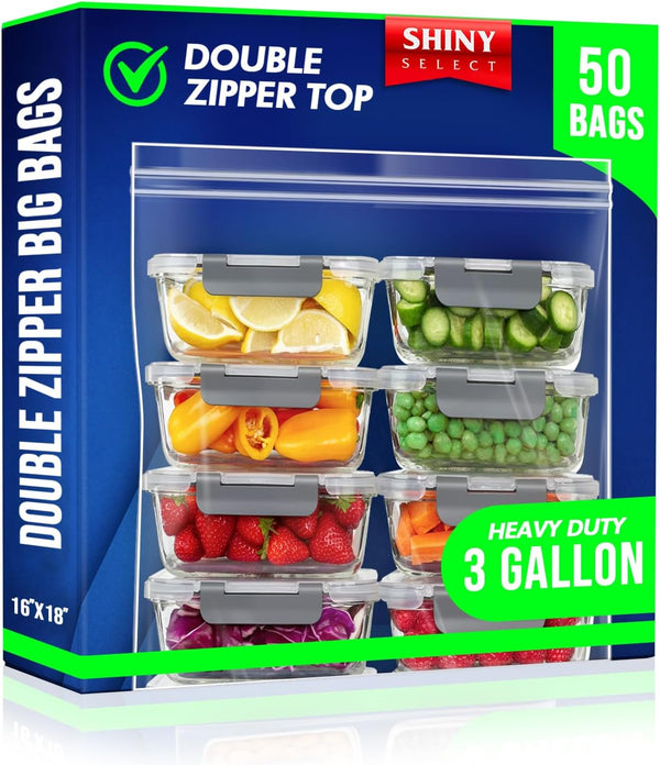 3-Gallon Double Zipper Jumbo Bags, 25 Count, 16x18, Heavy Duty Storage Bags for Baby Items, Snacks, Meat