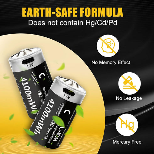 LDSMNLI 4100mWh 1.5V (4 Pack) Rechargeable Lithium C Batteries with USB-C Charging Cable, C Cell Lithium Batteries, C
