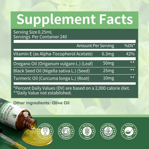 Immune 80% 2 Oz, 8 Oil of Oregano Drops with Black Seed Oil, Turmeric Oil, Vitamin E & Olive Oil Based, Digestive